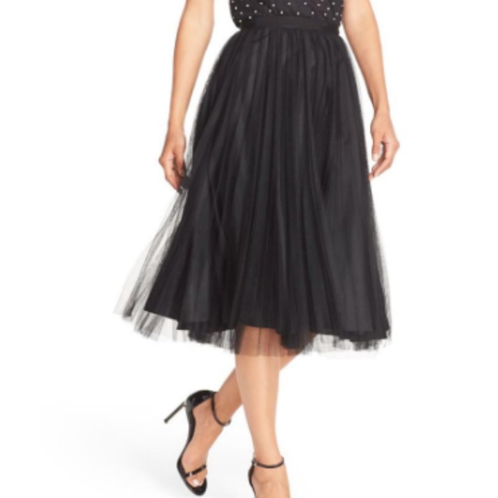 Adrianna Papell Pleated Tulle Midi Skirt Black